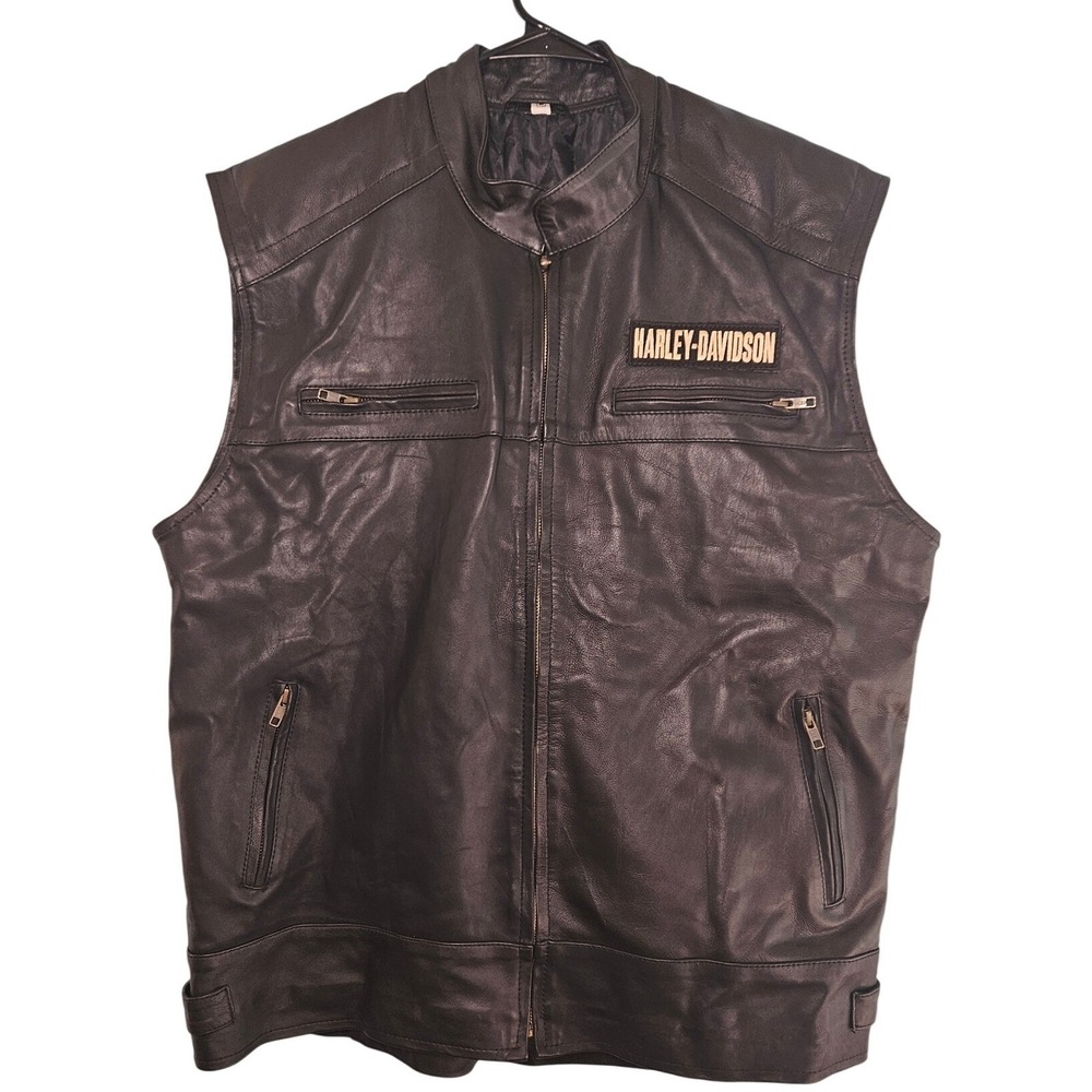 Men's L Black Leather Motorcycle Vest Harley Davidson Patches Biker 24x29 Moto